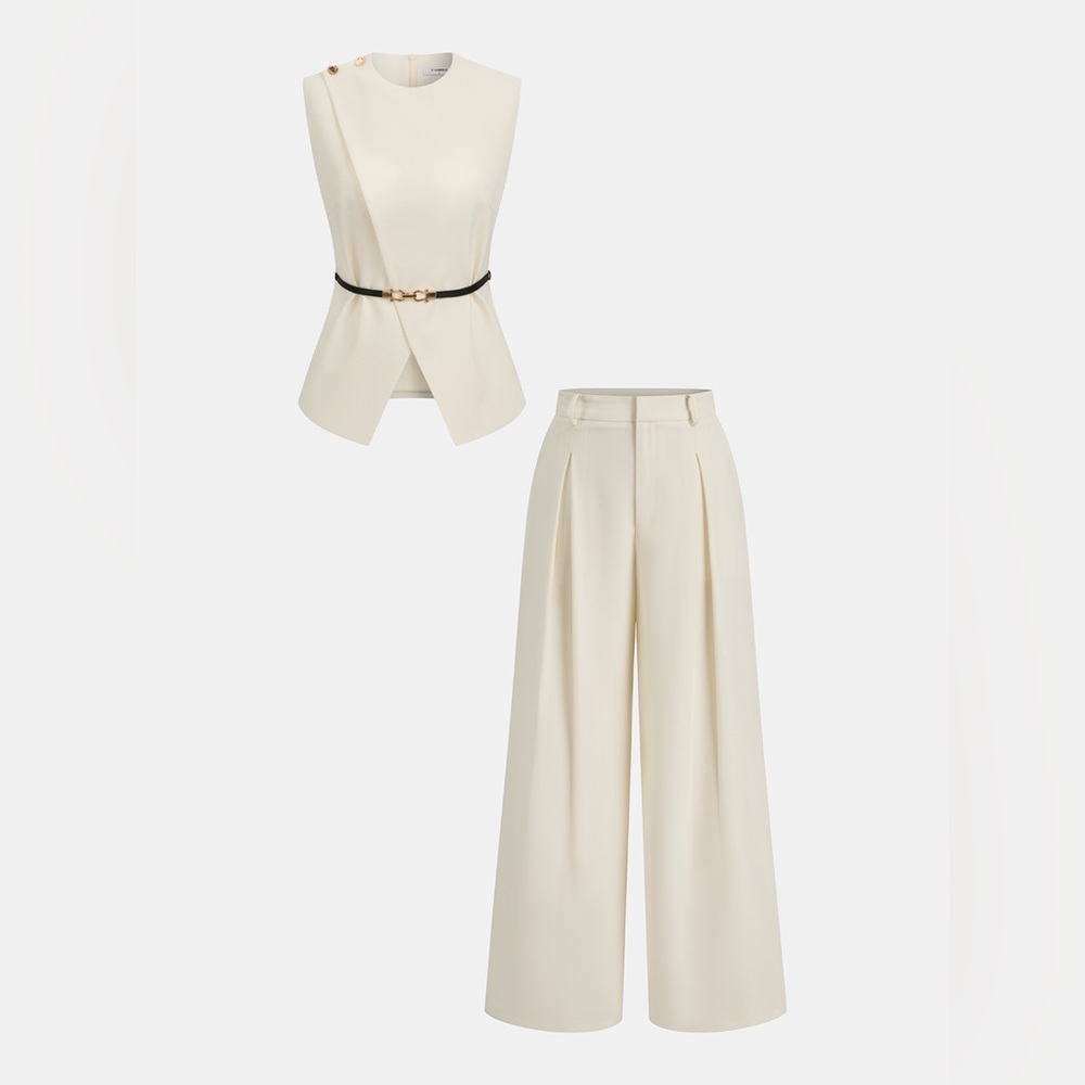 Commense Sleeveless Belted 
Top & Pleated Pants Set